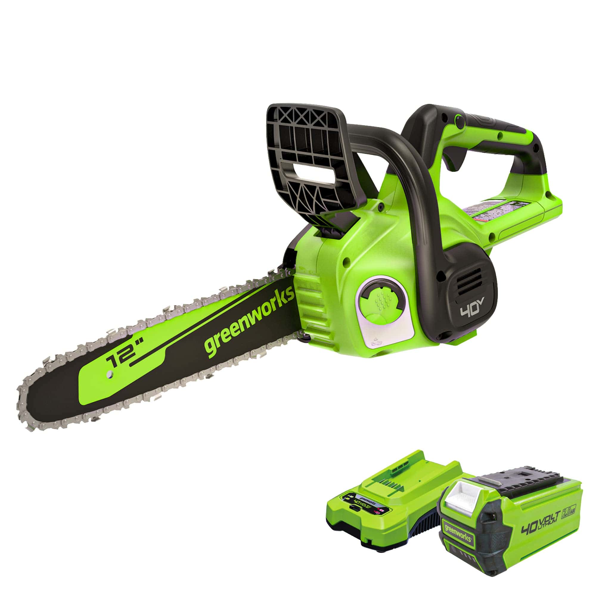 Greenworks 40V 12" Cordless Compact Chainsaw (Great For Storm Clean-Up, Pruning, and Camping), 2.0Ah Battery and Charger Included Greenworks 40V 12" Cordless Compact Chainsaw (Great For Storm Clean-Up, Pruning, and Camping), 2.0Ah Battery and Charger Included