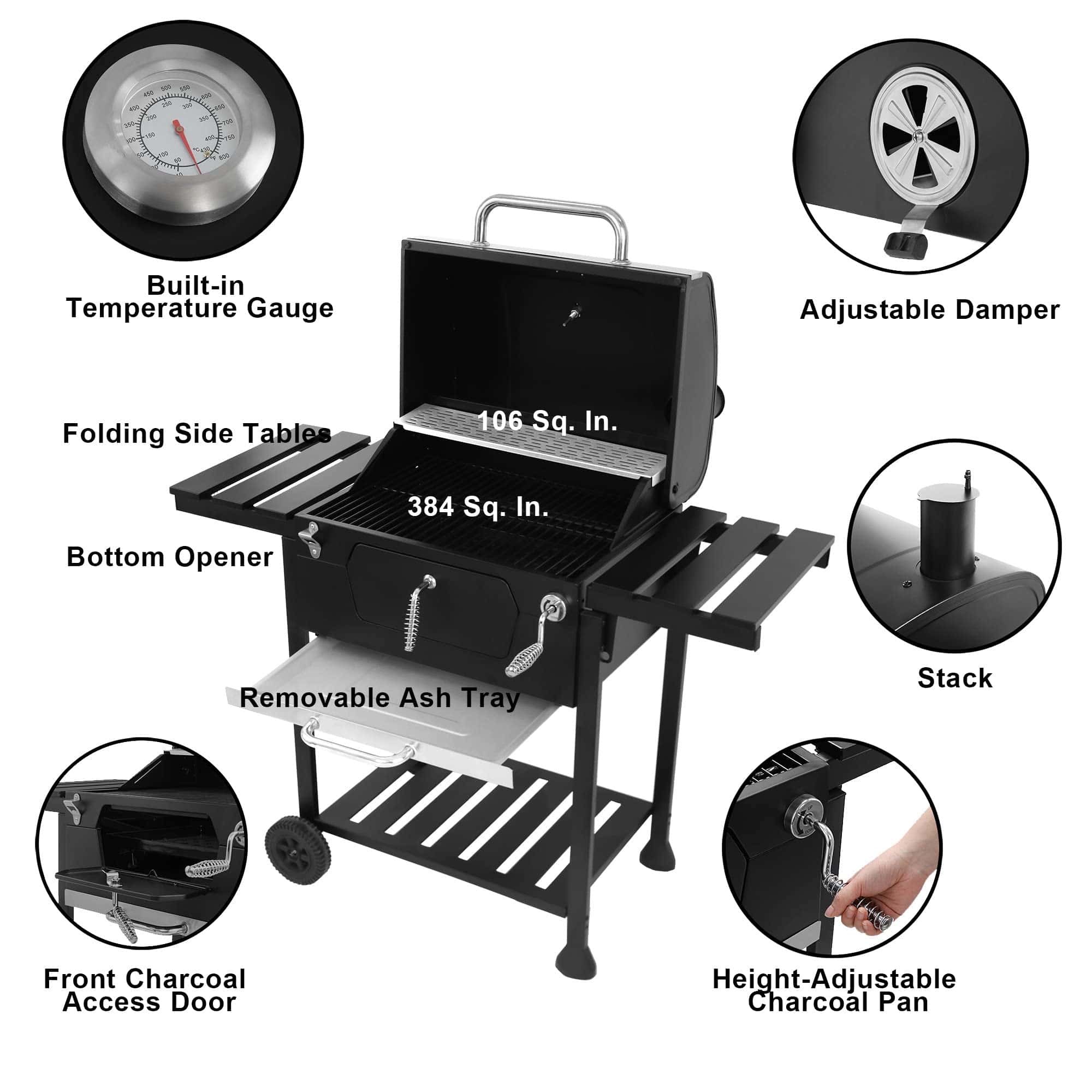 Royal Gourmet CD1824EN 24” Charcoal Grill Outdoor Smoker with Side Tables Backyard Griller Party BBQ Picnic Patio Cooking, Black Royal Gourmet CD1824EN 24” Charcoal Grill Outdoor Smoker with Side Tables Backyard Griller Party BBQ Picnic Patio Cooking, Black - Image 7