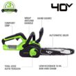 Greenworks 40V 12" Cordless Compact Chainsaw (Great For Storm Clean-Up, Pruning, and Camping), 2.0Ah Battery and Charger Included Greenworks 40V 12" Cordless Compact Chainsaw (Great For Storm Clean-Up, Pruning, and Camping), 2.0Ah Battery and Charger Included