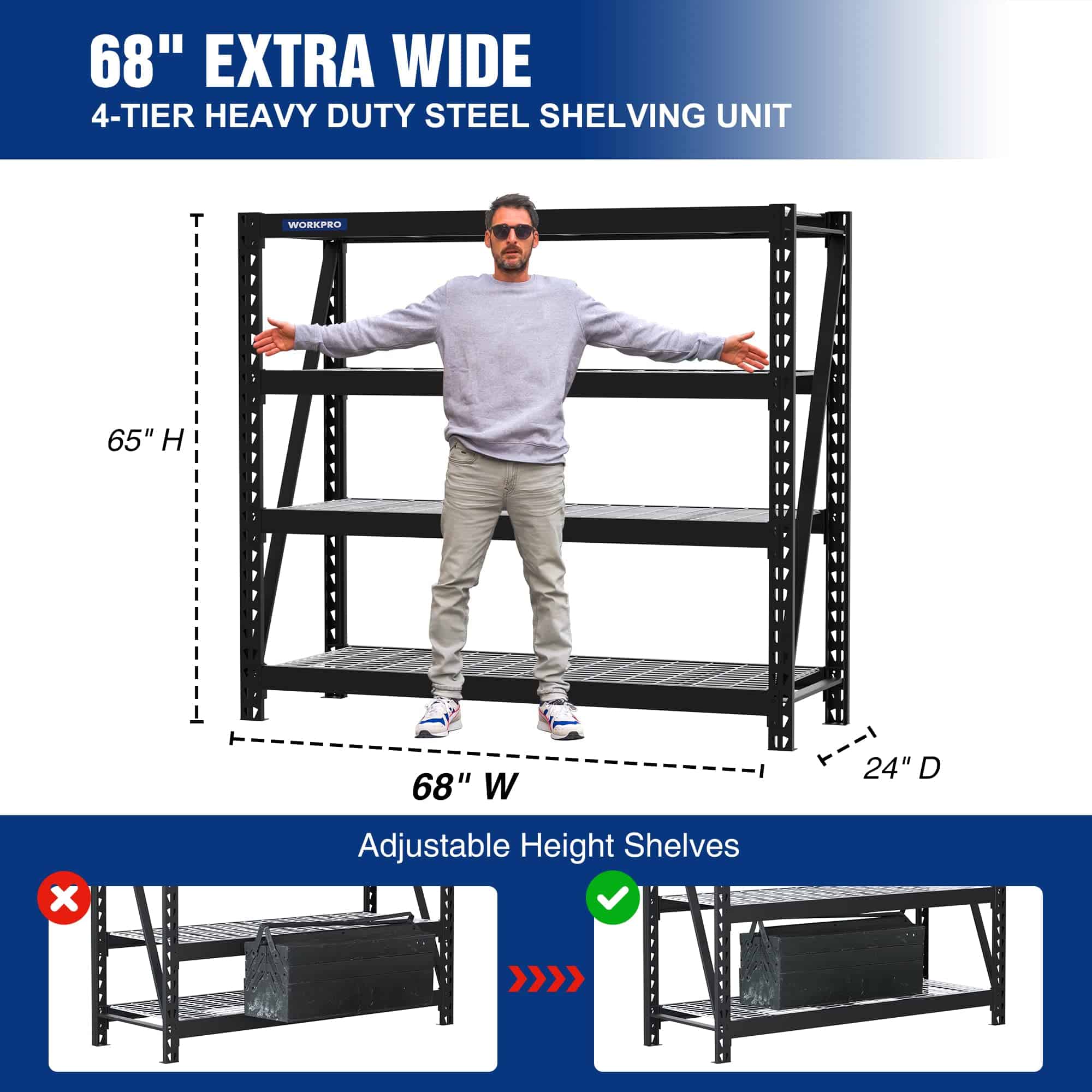 WORKPRO 68" Ultra Wide 4-Tier Metal Garage Shelving Unit, 68"W x 24"D x 65"H, 7200 LBS Capacity, Heavy Duty Storage Utility Rack WORKPRO 68" Ultra Wide 4-Tier Metal Garage Shelving Unit, 68"W x 24"D x 65"H, 7200 LBS Capacity, Heavy Duty Storage Utility Rack - Image 7