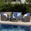 Wisteria Lane 4 Piece Outdoor Patio Furniture Sets, Wicker Conversation Set for Porch Deck, Grey Rattan Sofa Chair with Cushion (Blue)