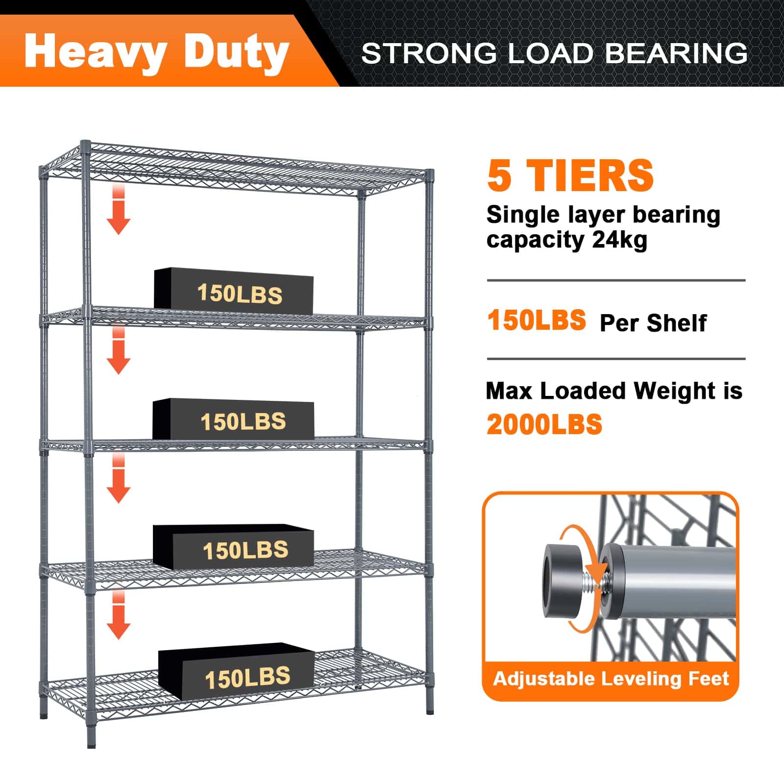 Land Guard 5 Tier Storage Racks and Shelving - 48" L x 20" W x 72" H Heavy Steel Material Pantry Shelves Land Guard 5 Tier Storage Racks and Shelving - 48" L x 20" W x 72" H Heavy Steel Material Pantry Shelves - Image 5