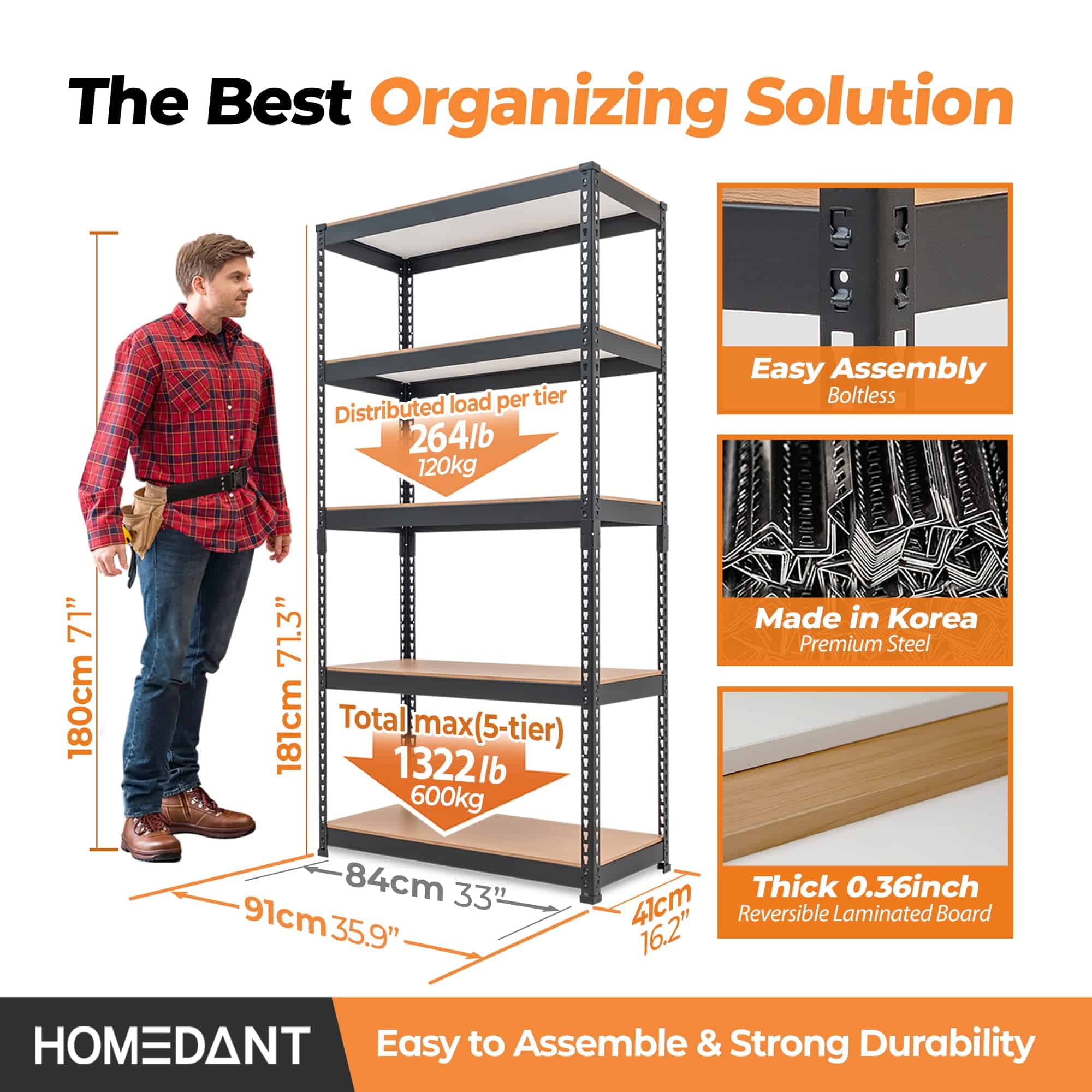 HOMEDANT 5 Tier Storage Shelves Adjustable Laminated Garage Metal Shelving Unit, 35.9" W x 16.2" D x 71.3" H 1Pack HOMEDANT 5 Tier Storage Shelves Adjustable Laminated Garage Metal Shelving Unit, 35.9" W x 16.2" D x 71.3" H 1Pack - Image 8