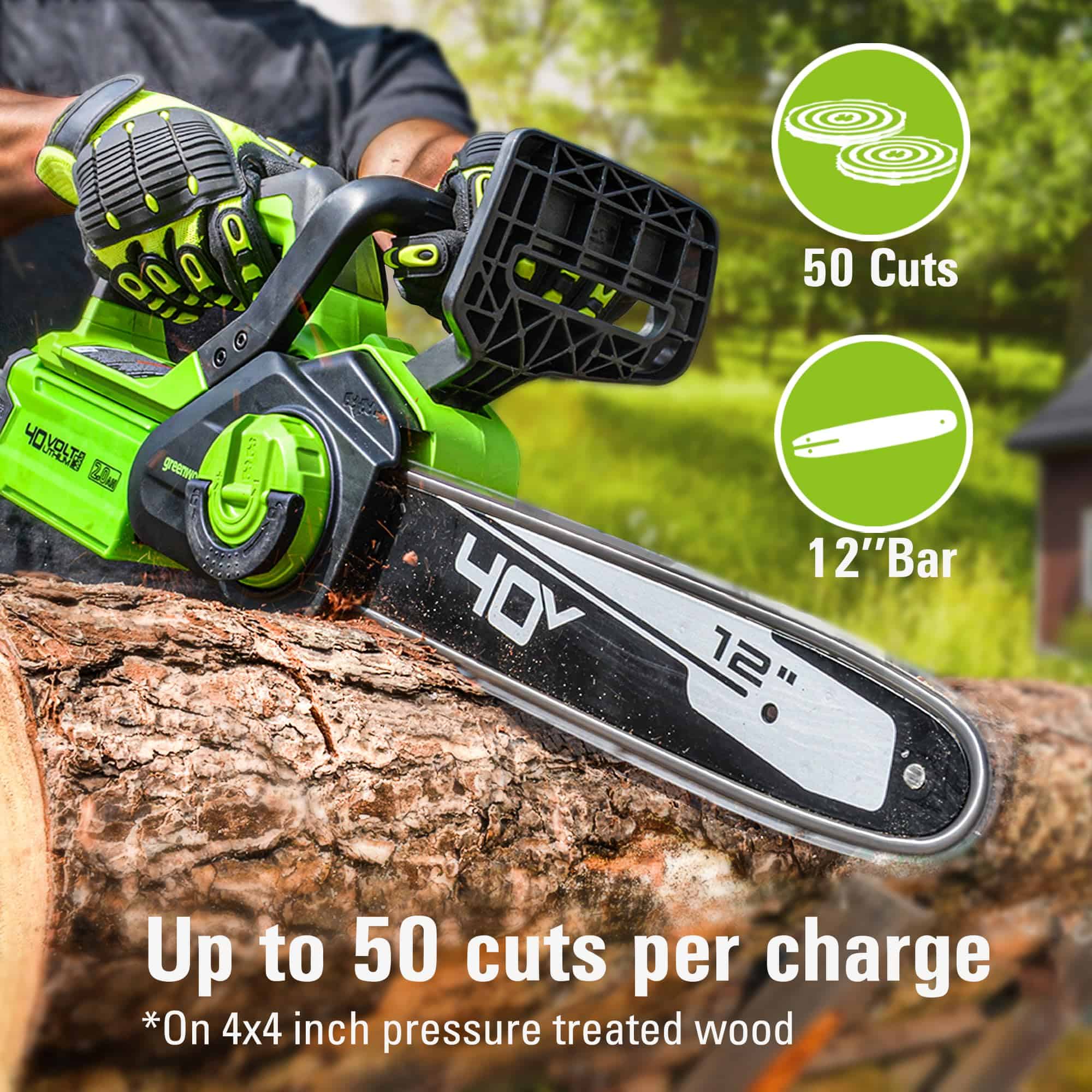 Greenworks 40V 12" Cordless Compact Chainsaw (Great For Storm Clean-Up, Pruning, and Camping), 2.0Ah Battery and Charger Included Greenworks 40V 12" Cordless Compact Chainsaw (Great For Storm Clean-Up, Pruning, and Camping), 2.0Ah Battery and Charger Included - Image 7