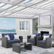 Wisteria Lane 4 Piece Outdoor Patio Furniture Sets, Wicker Conversation Set for Porch Deck, Grey Rattan Sofa Chair with Cushion (Blue)