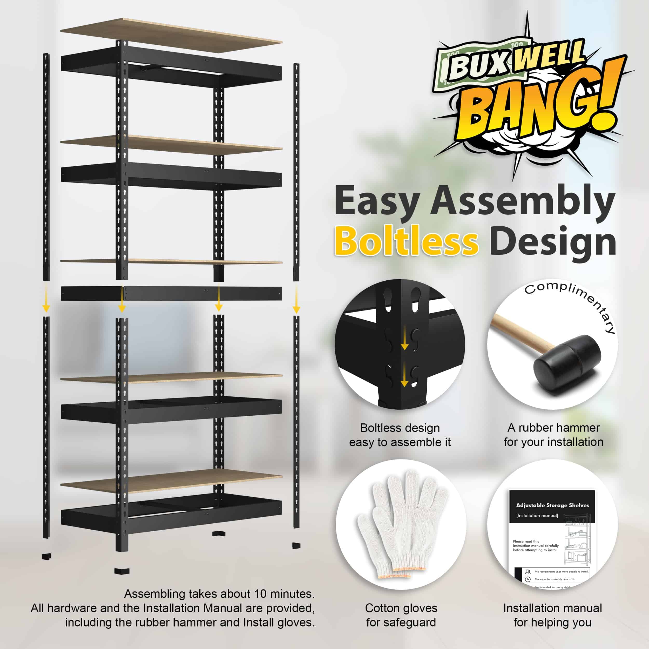 BuxWellBang 48" W x 24" D x 72" H Adjustable Garage Storage Shelves - 5-Shelf Heavy Duty Shelving Unit, Black BuxWellBang 48" W x 24" D x 72" H Adjustable Garage Storage Shelves - 5-Shelf Heavy Duty Shelving Unit, Black - Image 5