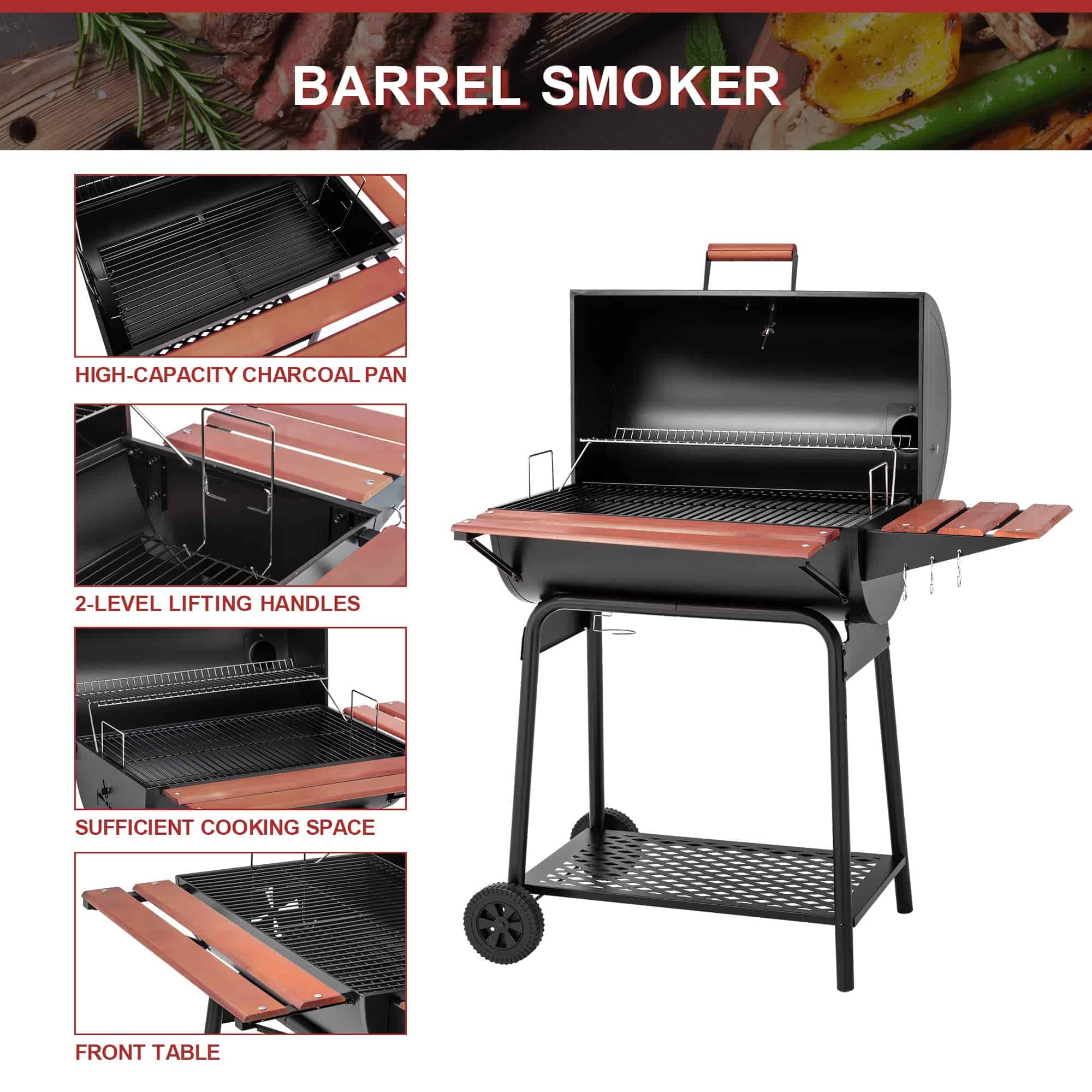 Royal Gourmet CC1830V 30 Barrel Charcoal Grill with Wood-Painted Side Front Table, 627 Square Inches Cooking Space, Black Royal Gourmet CC1830V 30 Barrel Charcoal Grill with Wood-Painted Side Front Table, 627 Square Inches Cooking Space, Black - Image 9