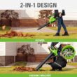Greenworks 40V Cordless Brushless Leaf Blower / Vacuum, 5.0Ah Battery and Charger Included
