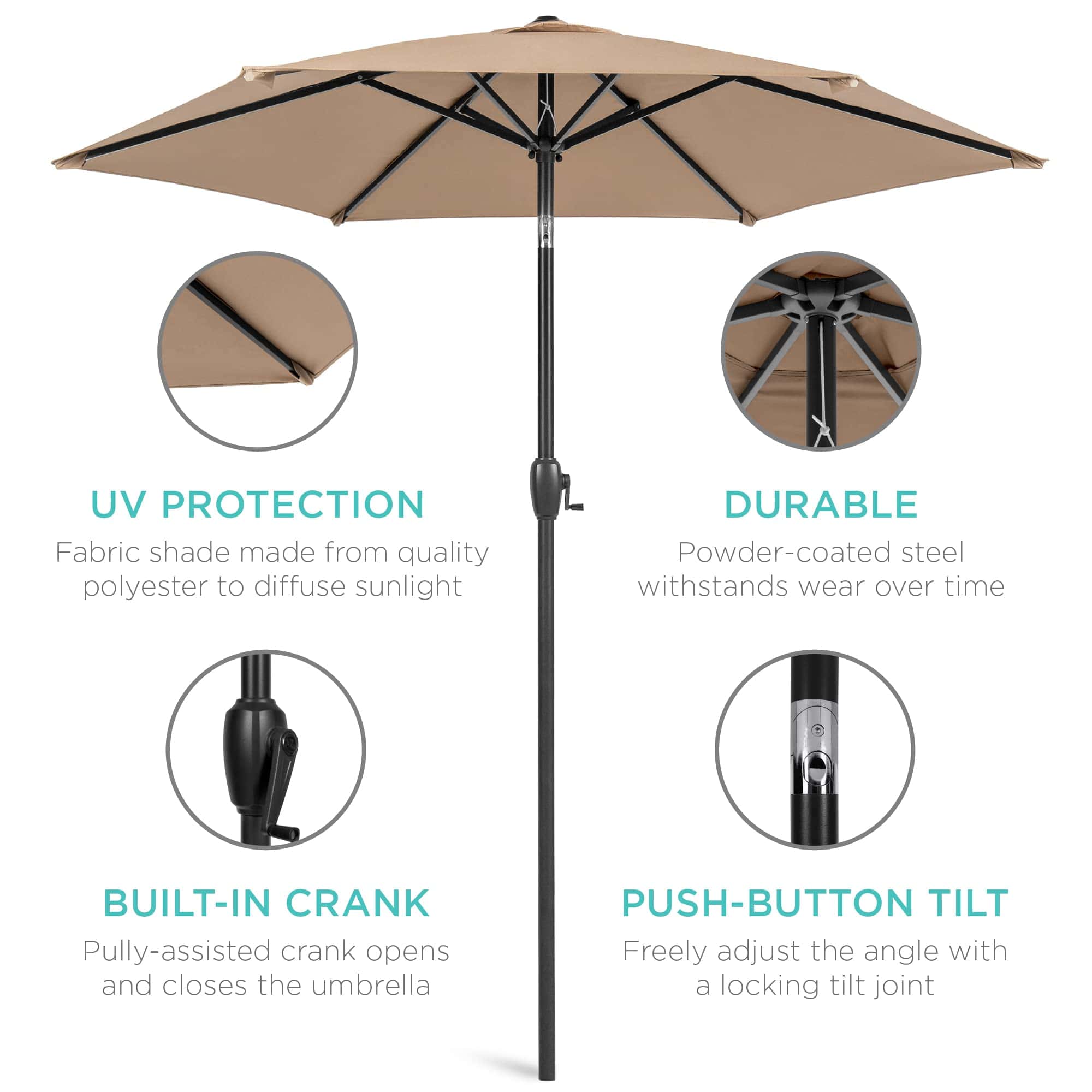 Best Choice Products 7.5ft Heavy-Duty Round Outdoor Market Table Patio Umbrella w/Steel Pole - Tan Best Choice Products 7.5ft Heavy-Duty Round Outdoor Market Table Patio Umbrella w/Steel Pole - Tan - Image 4