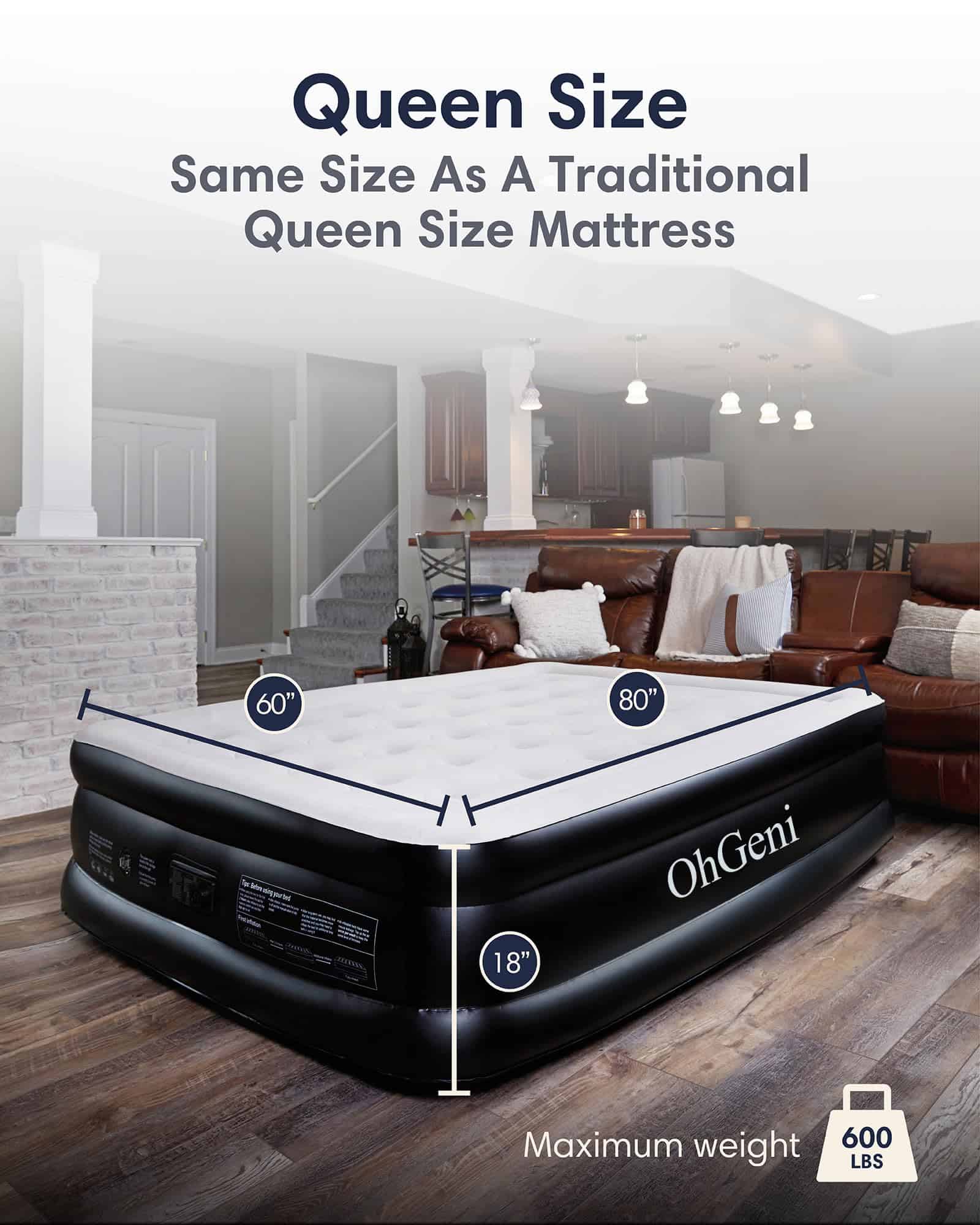 OhGeni Air Mattress Queen with Built-in Pump for Guest, 18" Tall Colchon Inflable Camping Blow Up Air Bed with Carrying Bag OhGeni Air Mattress Queen with Built-in Pump for Guest, 18" Tall Colchon Inflable Camping Blow Up Air Bed with Carrying Bag - Image 6
