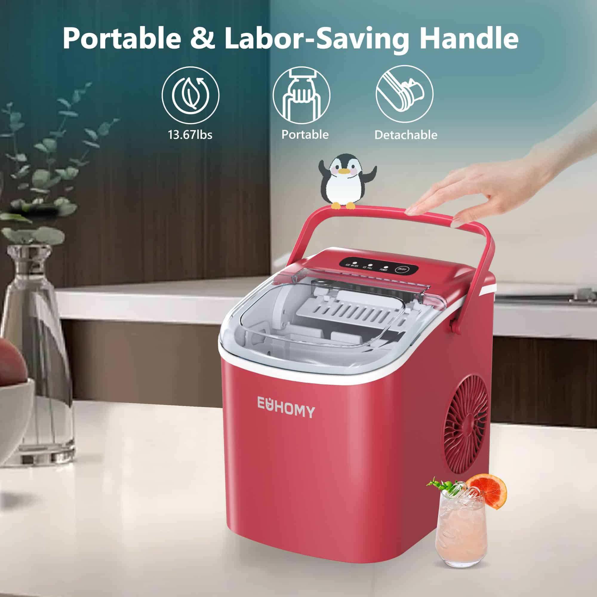 EUHOMY Countertop Ice Maker Machine with Handle, 26lbs in 24Hrs, Red EUHOMY Countertop Ice Maker Machine with Handle, 26lbs in 24Hrs, Red - Image 4