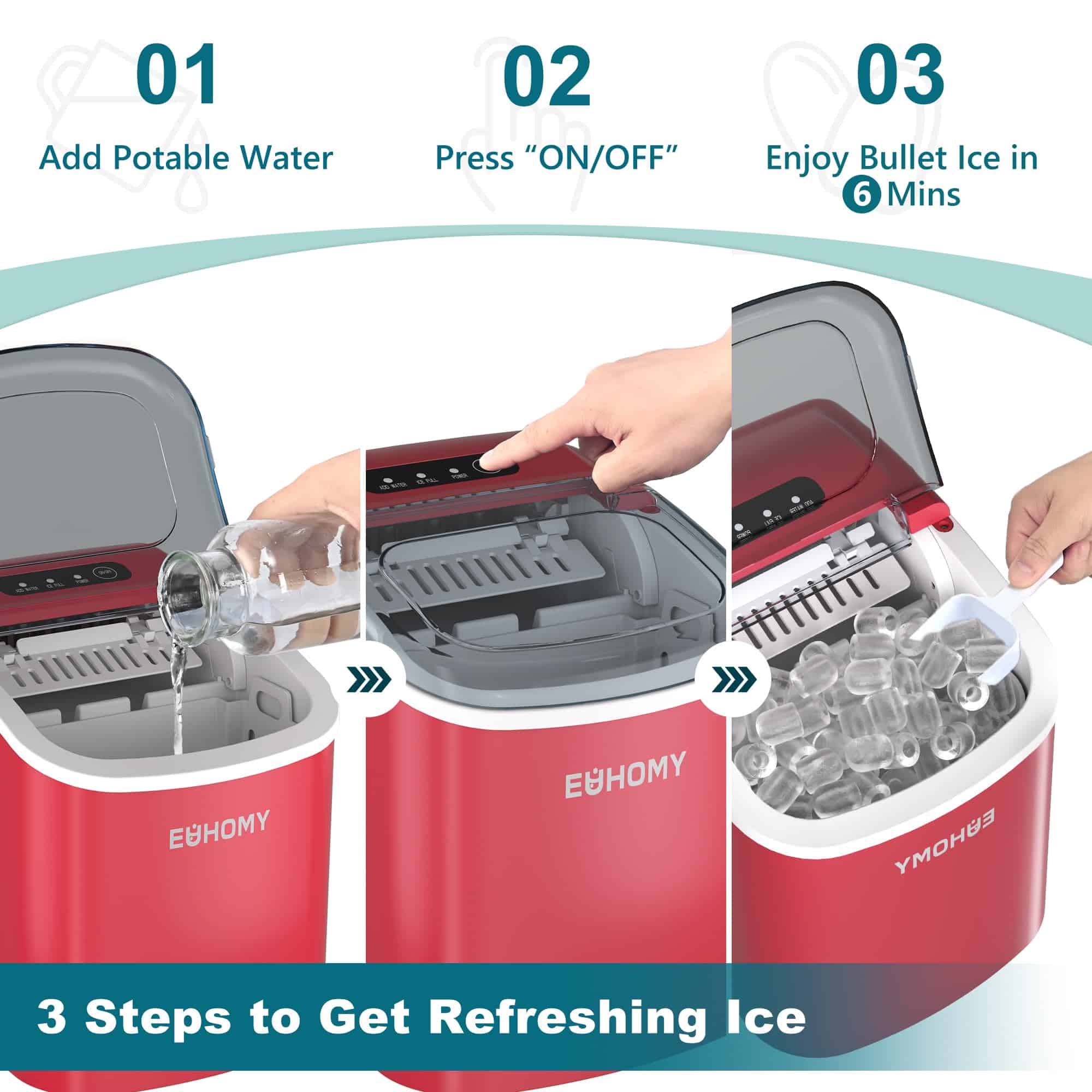 EUHOMY Countertop Ice Maker Machine with Handle, 26lbs in 24Hrs, Red EUHOMY Countertop Ice Maker Machine with Handle, 26lbs in 24Hrs, Red - Image 5