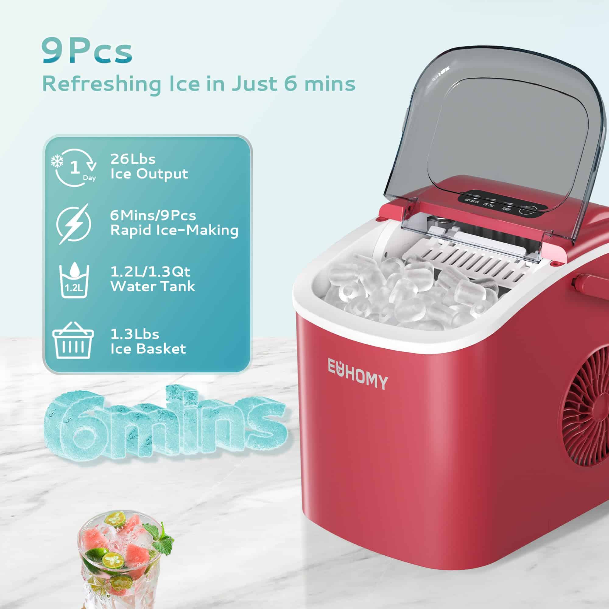 EUHOMY Countertop Ice Maker Machine with Handle, 26lbs in 24Hrs, Red EUHOMY Countertop Ice Maker Machine with Handle, 26lbs in 24Hrs, Red - Image 9