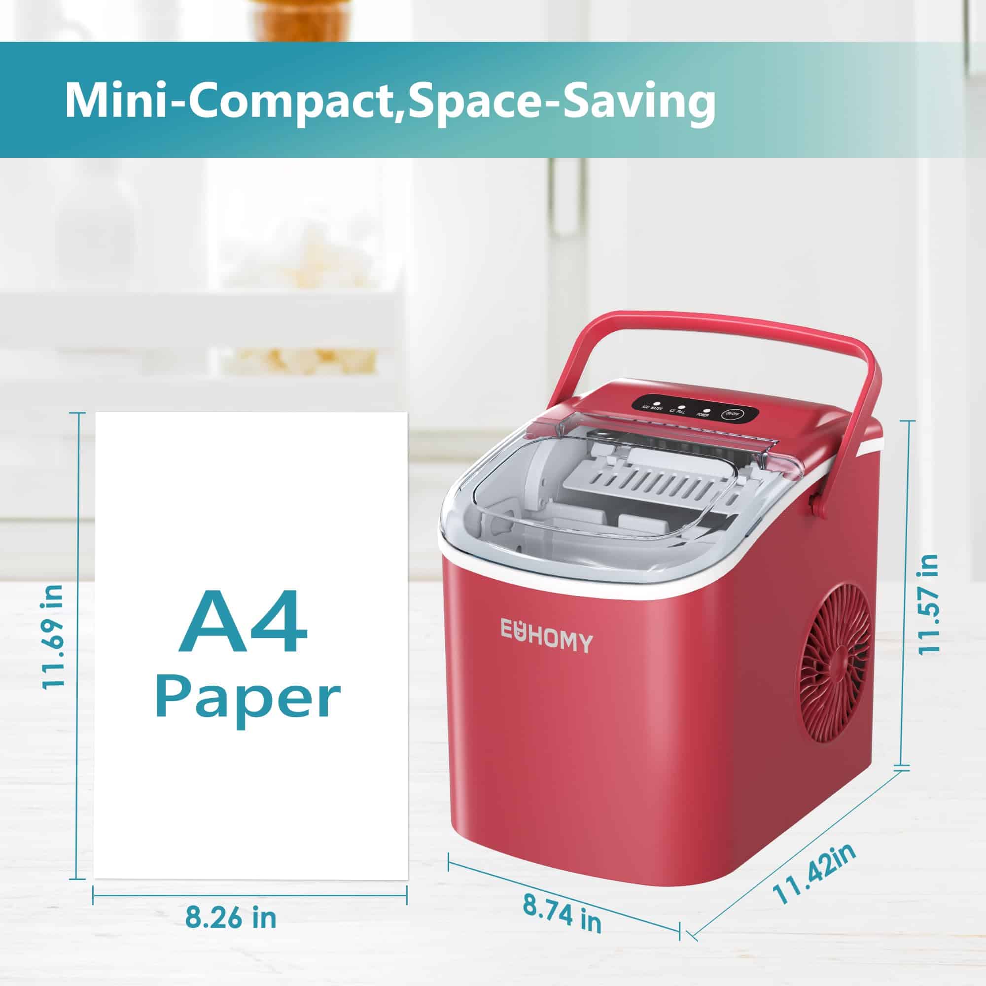EUHOMY Countertop Ice Maker Machine with Handle, 26lbs in 24Hrs, Red EUHOMY Countertop Ice Maker Machine with Handle, 26lbs in 24Hrs, Red - Image 3
