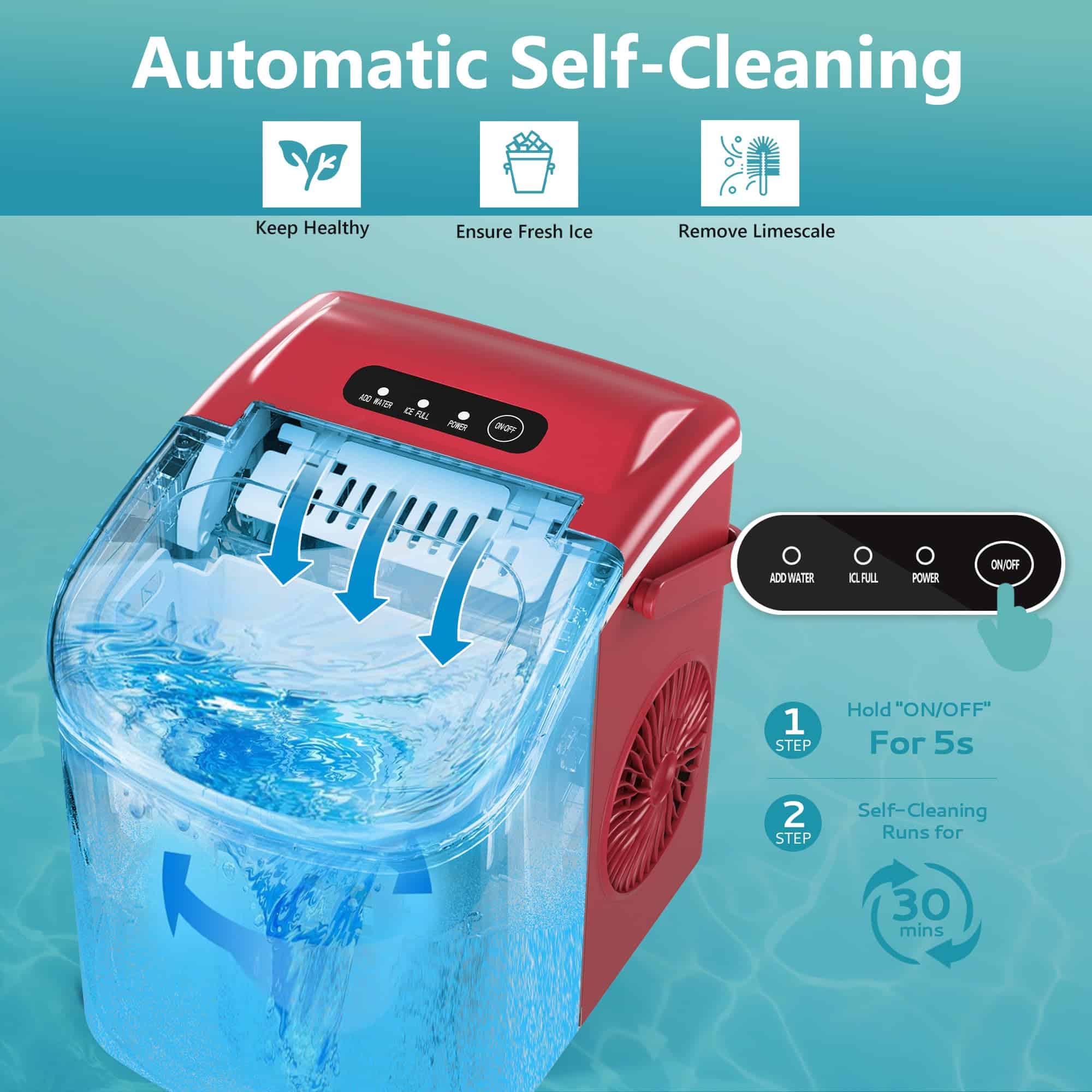 EUHOMY Countertop Ice Maker Machine with Handle, 26lbs in 24Hrs, Red EUHOMY Countertop Ice Maker Machine with Handle, 26lbs in 24Hrs, Red - Image 6