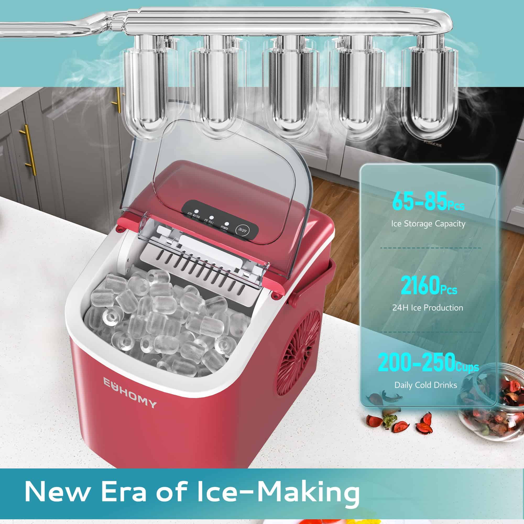 EUHOMY Countertop Ice Maker Machine with Handle, 26lbs in 24Hrs, Red EUHOMY Countertop Ice Maker Machine with Handle, 26lbs in 24Hrs, Red - Image 8
