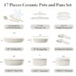 Bazova Ceramic Nonstick Cookware Set, Healthy, Non Toxic,17-Pieces Pots and Pans Set Removable Handles, Cream White
