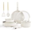 Bazova Ceramic Nonstick Cookware Set, Healthy, Non Toxic,17-Pieces Pots and Pans Set Removable Handles, Cream White