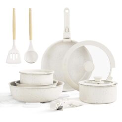 Bazova Ceramic Nonstick Cookware Set, Healthy, Non Toxic,17-Pieces Pots and Pans Set Removable Handles, Cream White
