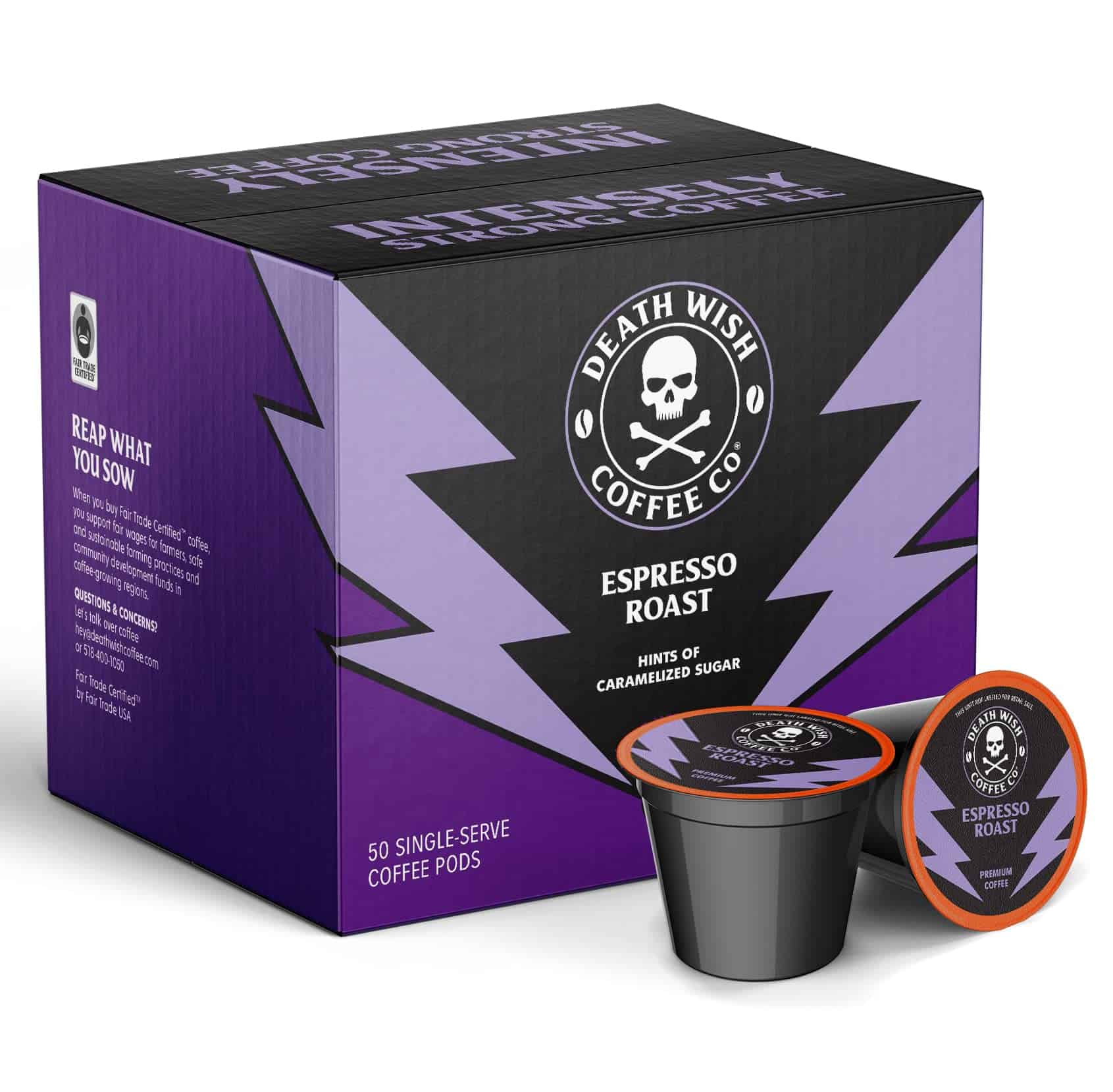 Death Wish Coffee Co. Espresso Roast Single Serve Coffee Pods - Extra Kick of Caffeine - Fair Trade and Organic Coffee (50 Count) Death Wish Coffee Co. Espresso Roast Single Serve Coffee Pods - Extra Kick of Caffeine - Fair Trade and Organic Coffee (50 Count)