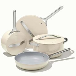 Caraway Nonstick Ceramic Cookware Set (12 Piece) Pots, Pans, 3 Lids and Kitchen Storage - Cream