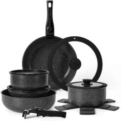 SODAY 15Pcs Pots and Pans Set Non Stick, Cookware Sets with Detachable Handle, Black