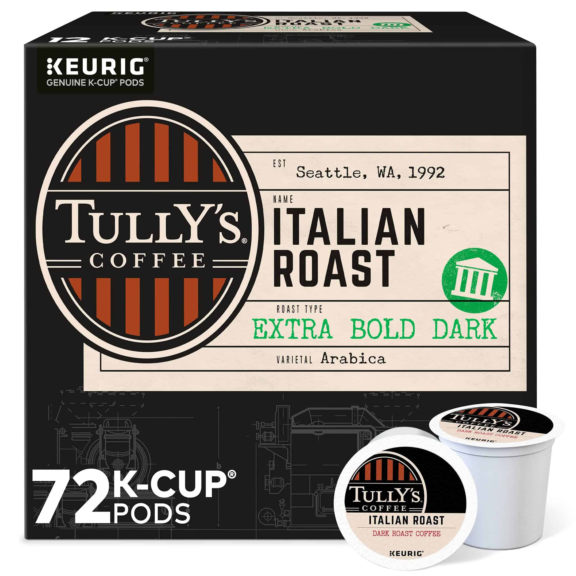 Tully's Coffee Italian Roast, Keurig Single-Serve K-Cup Pods, Dark Roast Coffee, 72 Count (6 Packs of 12) Tully's Coffee Italian Roast, Keurig Single-Serve K-Cup Pods, Dark Roast Coffee, 72 Count (6 Packs of 12)