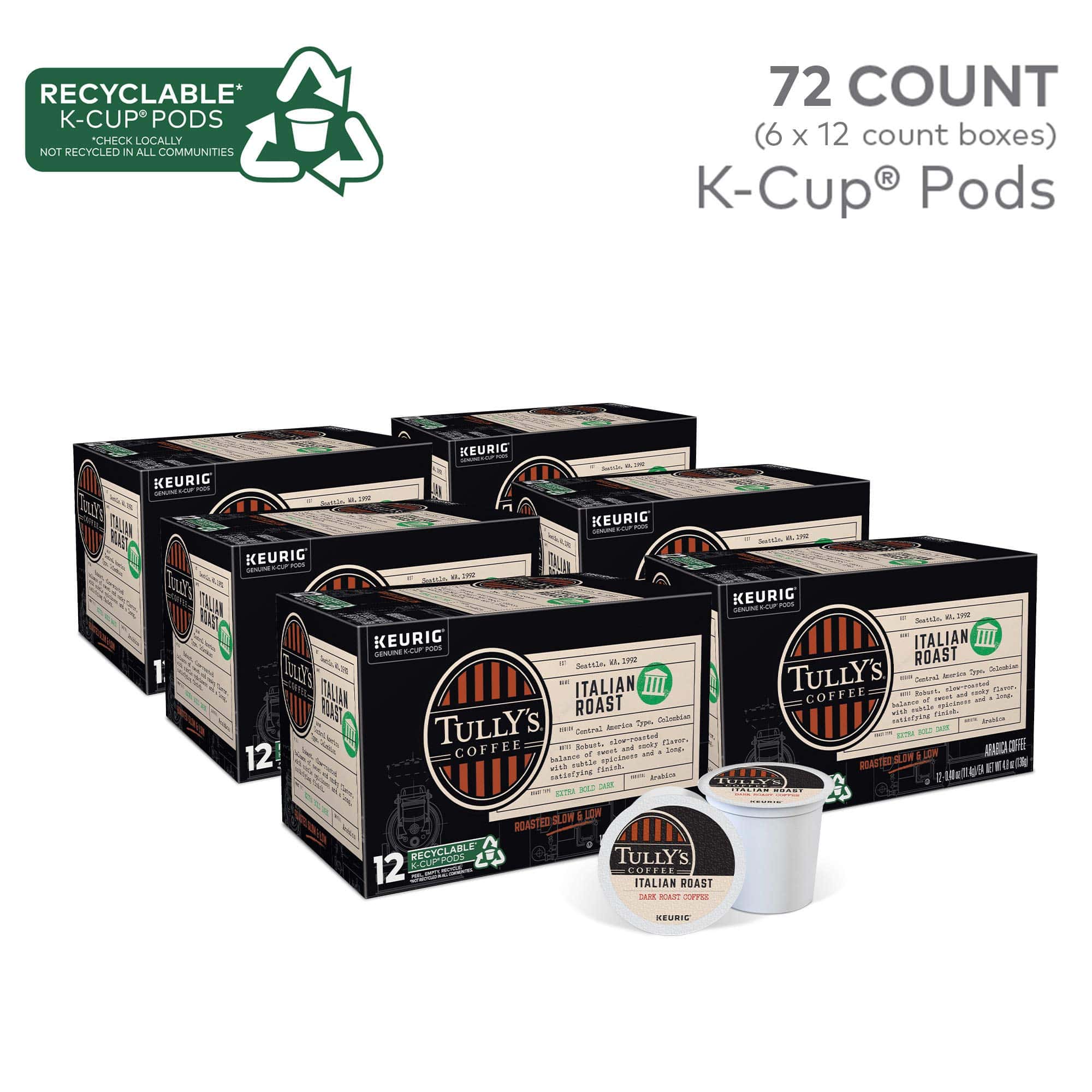 Tully's Coffee Italian Roast, Keurig Single-Serve K-Cup Pods, Dark Roast Coffee, 72 Count (6 Packs of 12) Tully's Coffee Italian Roast, Keurig Single-Serve K-Cup Pods, Dark Roast Coffee, 72 Count (6 Packs of 12) - Image 11