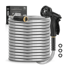 Itsonestep Garden Hose 50 FT, Metal Stainless Steel Water Hose with 10 Function Nozzles