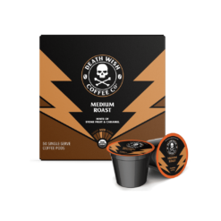 Death Wish Coffee Co. Medium Roast Single Serve Pods - Extra Kick of Caffeine - Lighter Blend of Bold Arabica & Robusta Beans (50 Count)