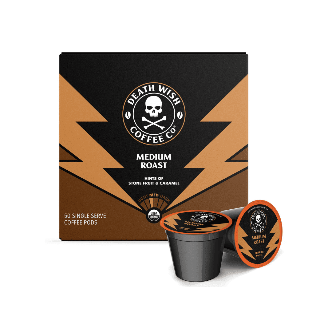 Death Wish Coffee Co. Medium Roast Single Serve Pods - Extra Kick of Caffeine - Lighter Blend of Bold Arabica & Robusta Beans (50 Count) Death Wish Coffee Co. Medium Roast Single Serve Pods - Extra Kick of Caffeine - Lighter Blend of Bold Arabica & Robusta Beans (50 Count)