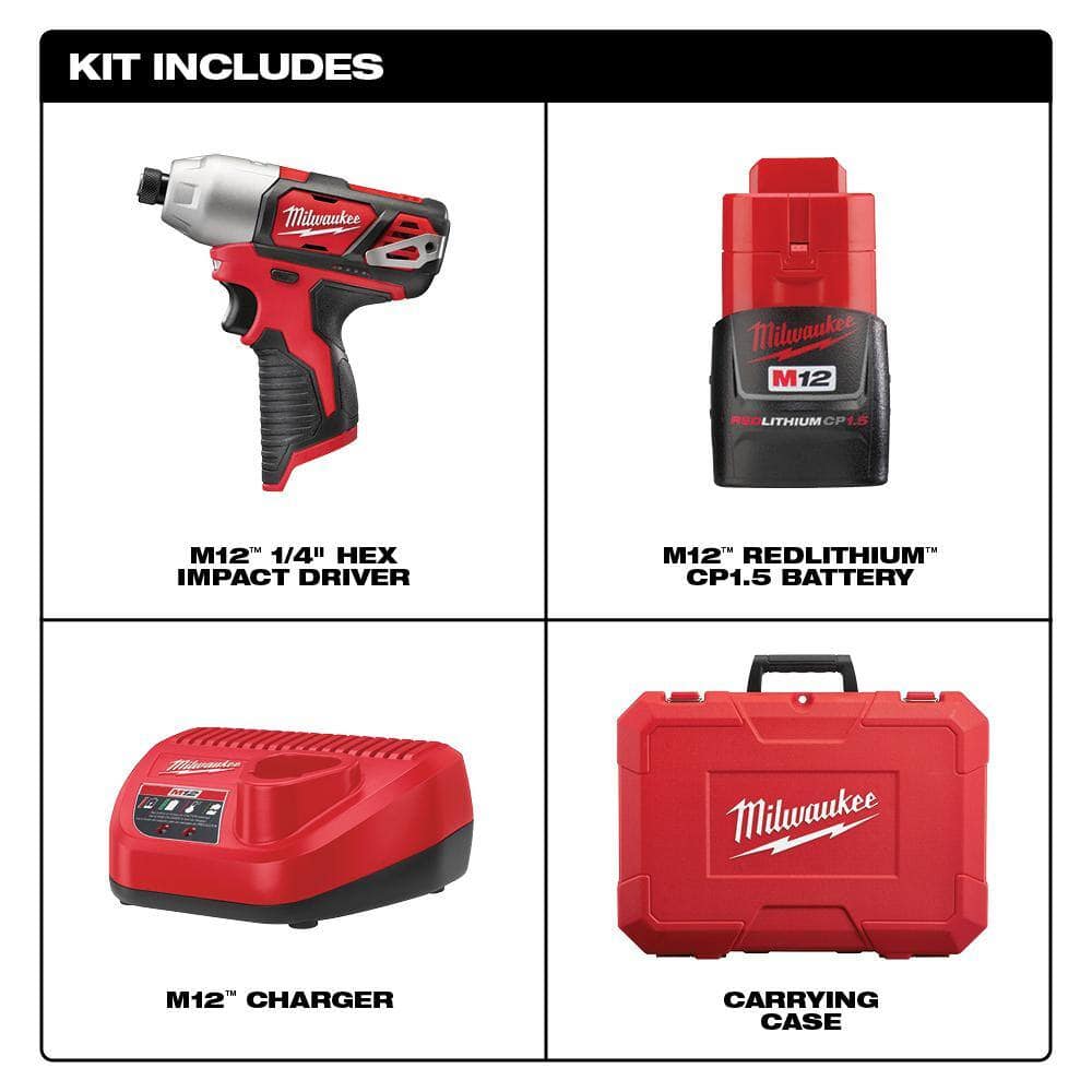 Milwaukee 2462-22 M12 12V Lithium-Ion Cordless 1/4 in. Impact Driver Kit W/(2) 1.5Ah Batteries, Charger & Case Milwaukee 2462-22 M12 12V Lithium-Ion Cordless 1/4 in. Impact Driver Kit W/(2) 1.5Ah Batteries, Charger & Case - Image 6