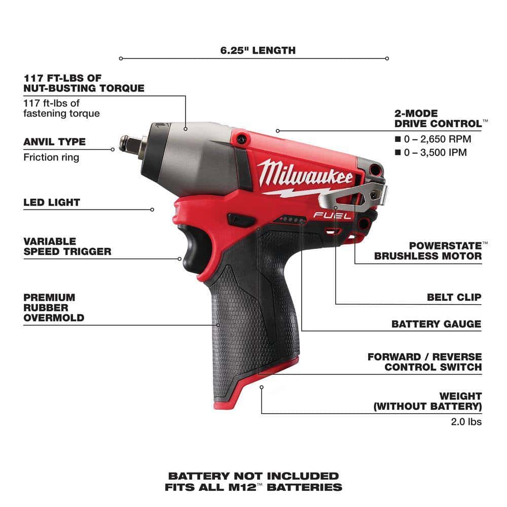 Milwaukee 2454-20 M12 FUEL 12V Lithium-Ion Brushless Cordless 3/8 in. Impact Wrench (Tool-Only) Milwaukee 2454-20 M12 FUEL 12V Lithium-Ion Brushless Cordless 3/8 in. Impact Wrench (Tool-Only) - Image 8