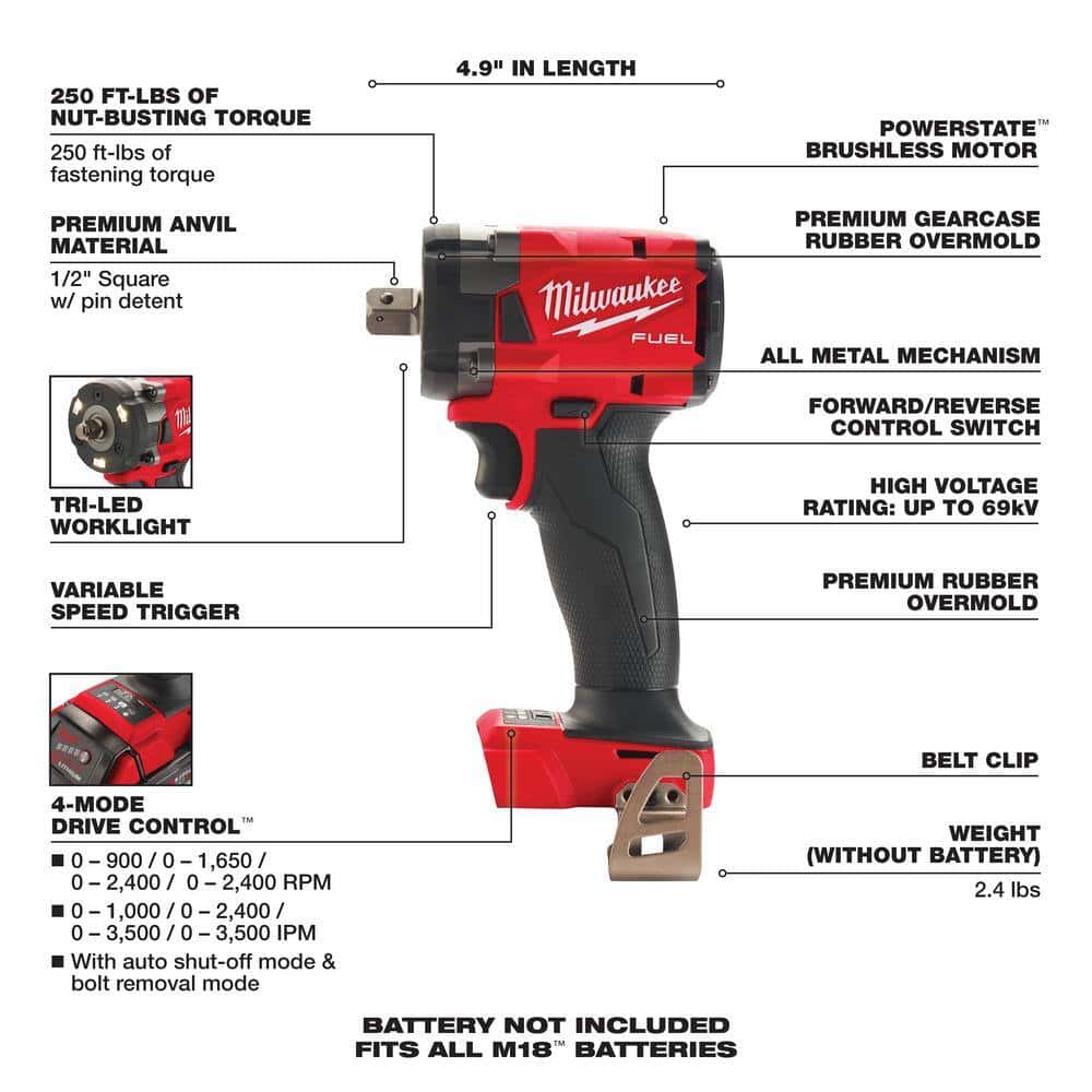 Milwaukee 2855P-20 M18 FUEL GEN-3 18V Lithium-Ion Brushless Cordless 1/2 in. Compact Impact Wrench with Pin Detent (Tool-Only) Milwaukee 2855P-20 M18 FUEL GEN-3 18V Lithium-Ion Brushless Cordless 1/2 in. Compact Impact Wrench with Pin Detent (Tool-Only) - Image 10