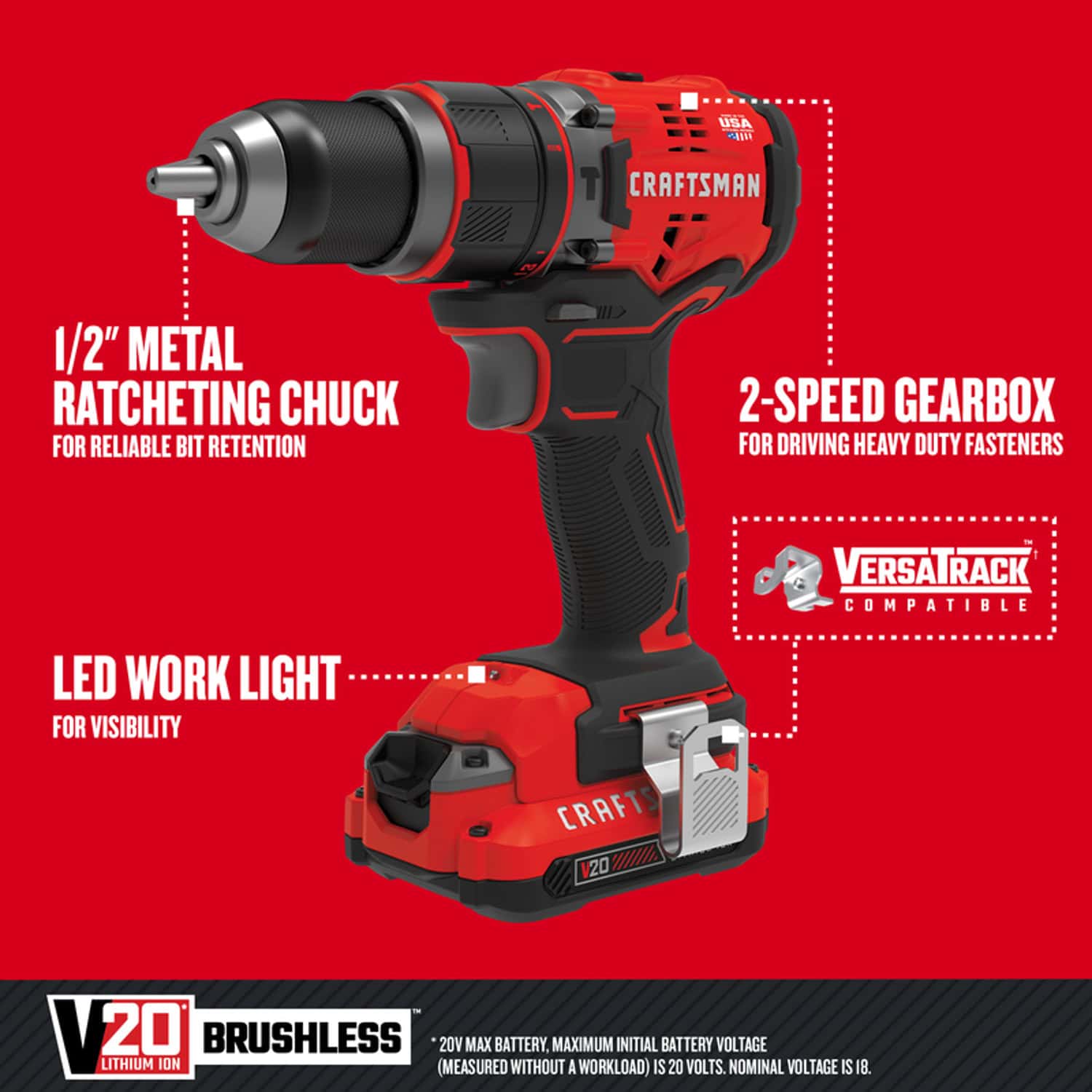 Craftsman CMCD721D2 V20 1/2 in. Brushless Cordless Hammer Drill Kit (Battery & Charger) Craftsman CMCD721D2 V20 1/2 in. Brushless Cordless Hammer Drill Kit (Battery & Charger) - Image 2