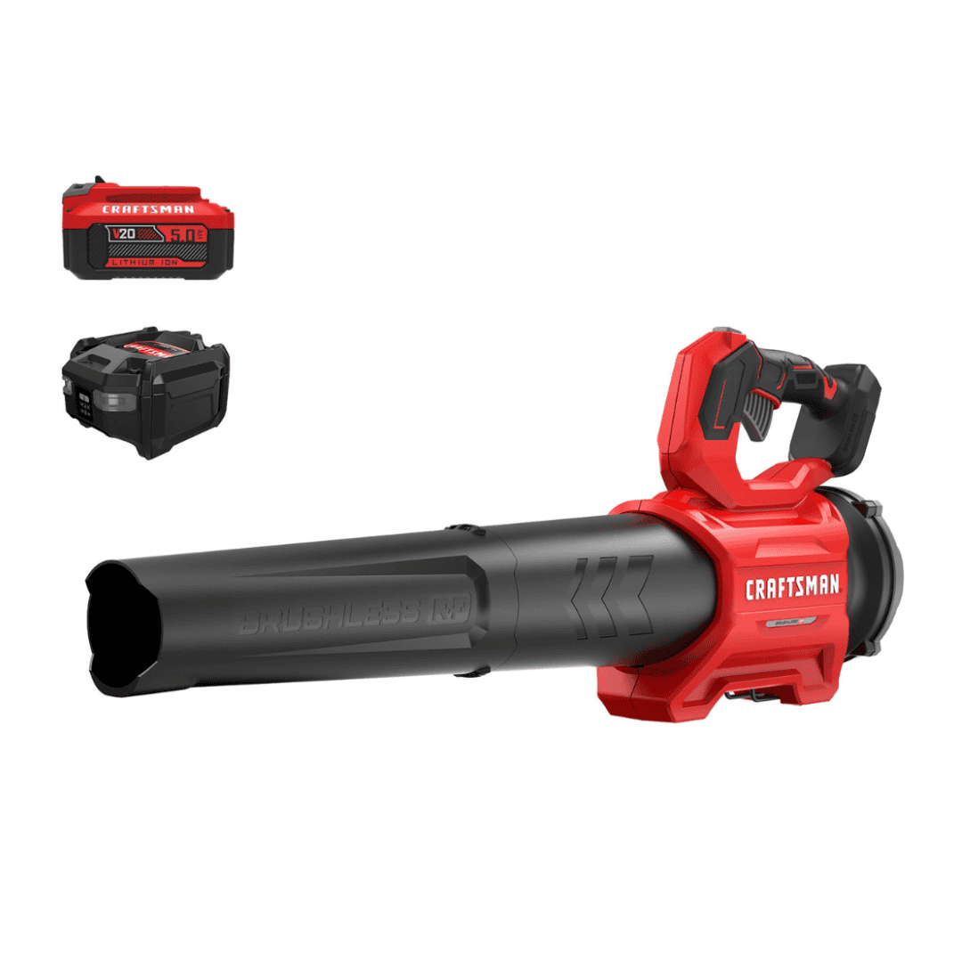 CRAFTSMAN CMCBL730P1 V20 Brushless RP 20-volt Max 410-CFM 110-MPH Battery Handheld Leaf Blower 5 Ah (Battery and Charger Included) CRAFTSMAN CMCBL730P1 V20 Brushless RP 20-volt Max 410-CFM 110-MPH Battery Handheld Leaf Blower 5 Ah (Battery and Charger Included)
