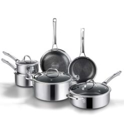 SNOWCLAD Pots and Pans set non stick, 10 pcs Hybrid Stainless Steel Cookware Sets, non stick Frying Pans