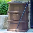 FCMP Outdoor Slim Line 45-Gallon Wood Grain Rain Barrel – Outdoor Home Rain Water Catcher Barrel with Flat Back, Brown