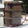 FCMP Outdoor Slim Line 45-Gallon Wood Grain Rain Barrel – Outdoor Home Rain Water Catcher Barrel with Flat Back, Brown
