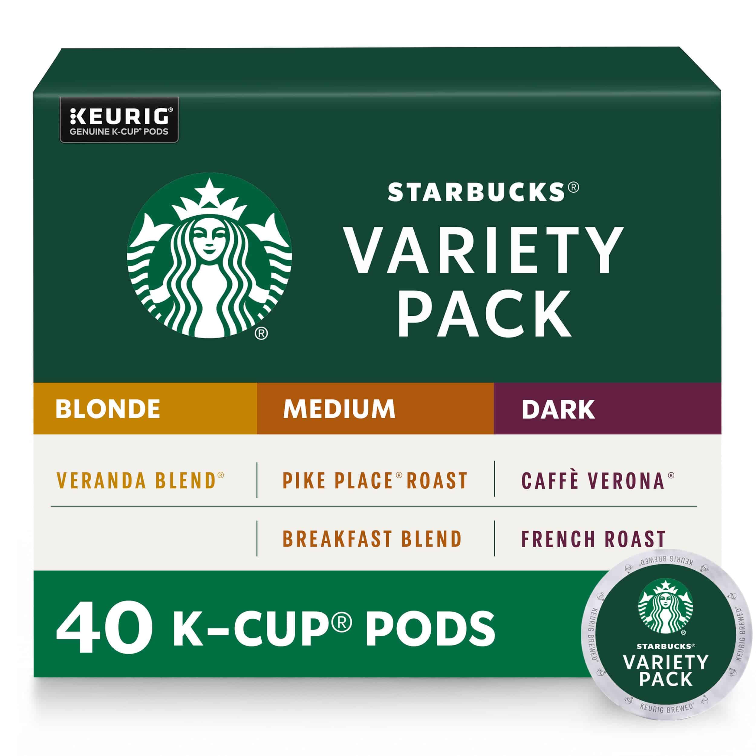 Starbucks K-Cup Coffee Pods - Starbucks Blonde, Medium & Dark Roast Coffee (40 pods total) Starbucks K-Cup Coffee Pods - Starbucks Blonde, Medium & Dark Roast Coffee (40 pods total)