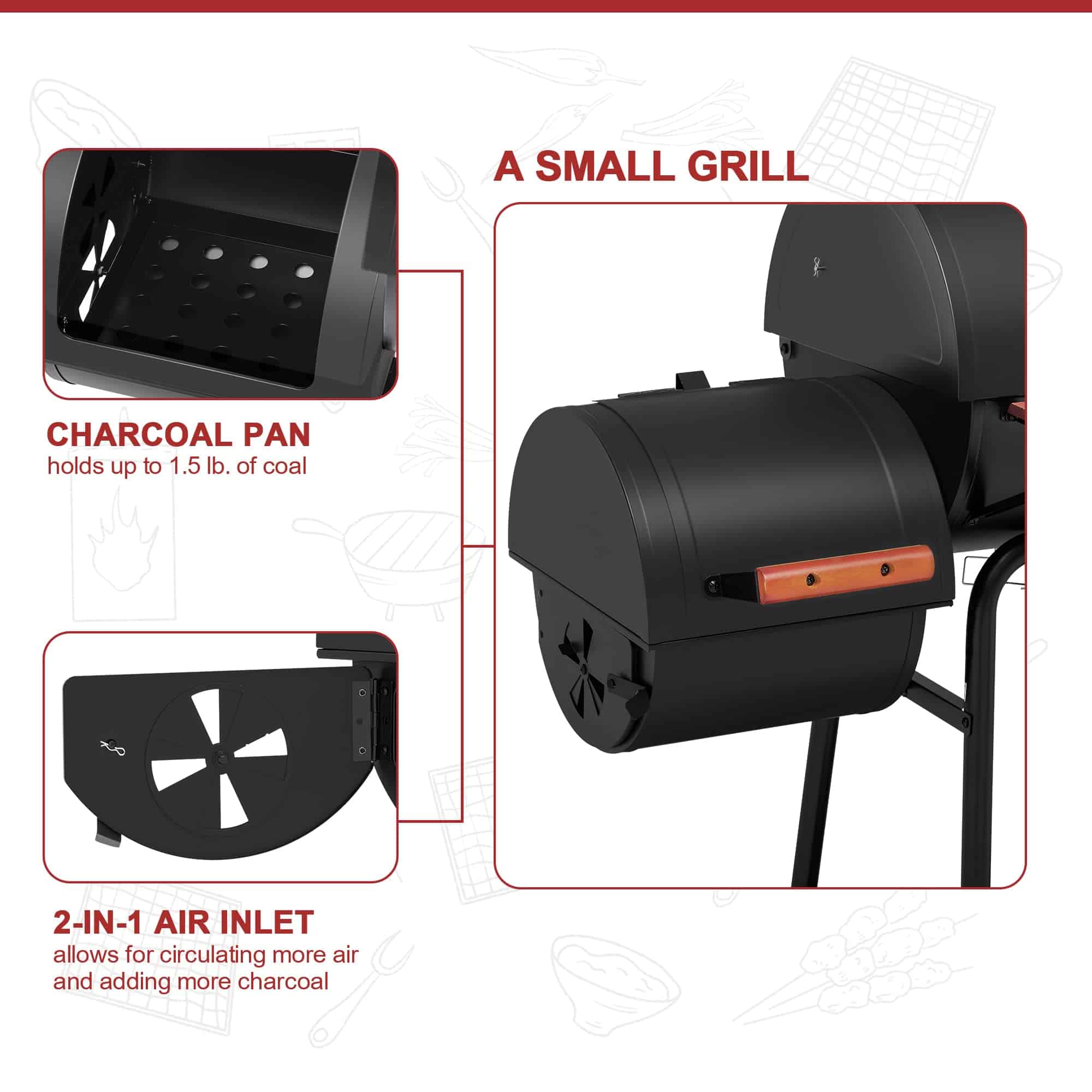 Royal Gourmet CC1830W 30-Inch Charcoal Grill with Wood-Painted Side Table and Front Table, BBQ Smoker Grill Royal Gourmet CC1830W 30-Inch Charcoal Grill with Wood-Painted Side Table and Front Table, BBQ Smoker Grill - Image 5