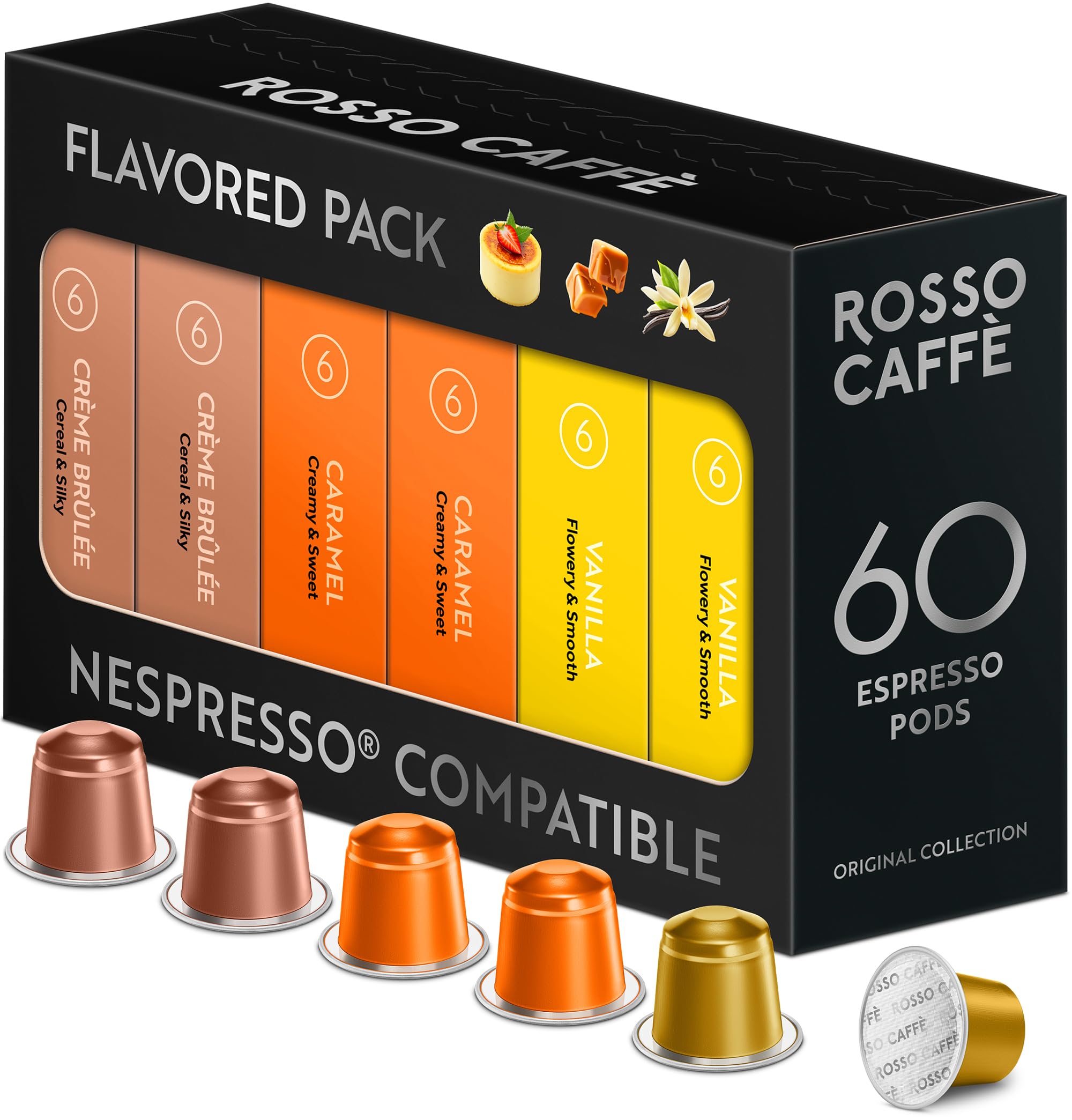 Rosso Coffee Capsules for Nespresso Original Machine, 60 Espresso Pods Vanilla, Caramel, Creme Brulee Rosso Coffee Capsules for Nespresso Original Machine, 60 Espresso Pods Vanilla, Caramel, Creme Brulee