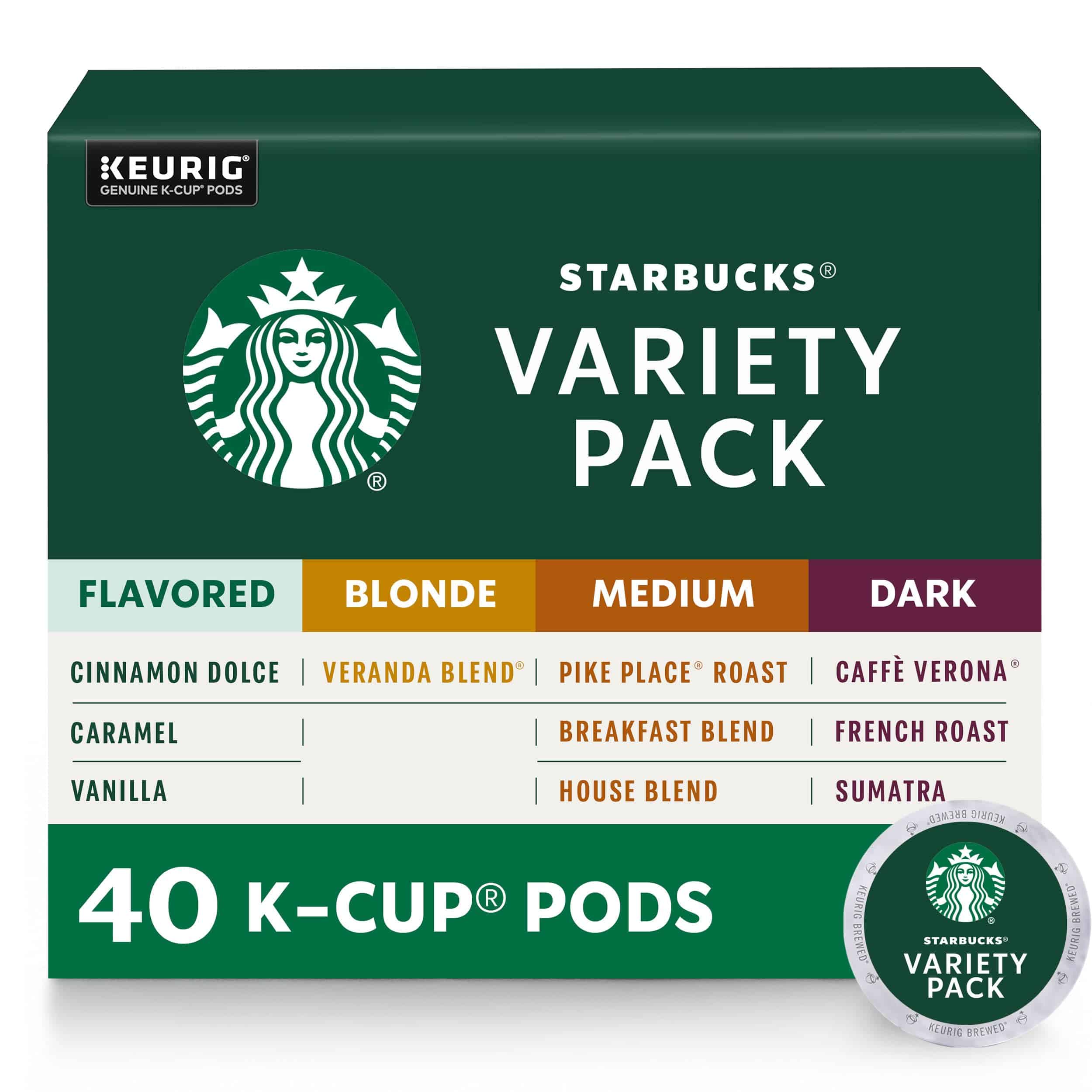 Starbucks K-Cup Coffee Pods - Starbucks Blonde, Medium, Dark Roast & Flavored Coffee - Variety Pack for Keurig Brewers - 1 box (40 pods total) Starbucks K-Cup Coffee Pods - Starbucks Blonde, Medium, Dark Roast & Flavored Coffee - Variety Pack for Keurig Brewers - 1 box (40 pods total)