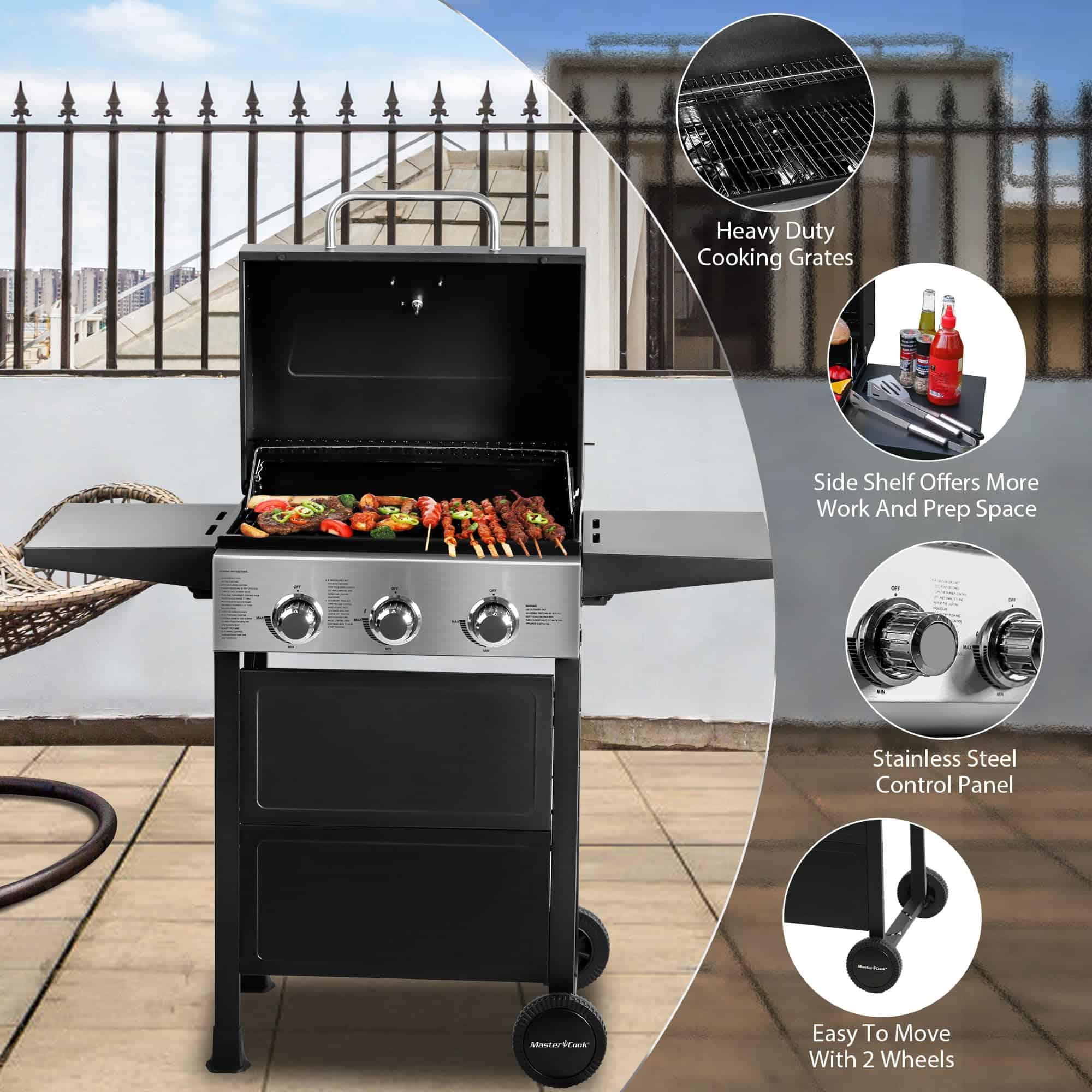 MASTER COOK 3 Burner BBQ Propane Gas Grill, Stainless Steel 30,000 BTU Patio Garden Barbecue Grill with Two Foldable Shelves MASTER COOK 3 Burner BBQ Propane Gas Grill, Stainless Steel 30,000 BTU Patio Garden Barbecue Grill with Two Foldable Shelves - Image 7