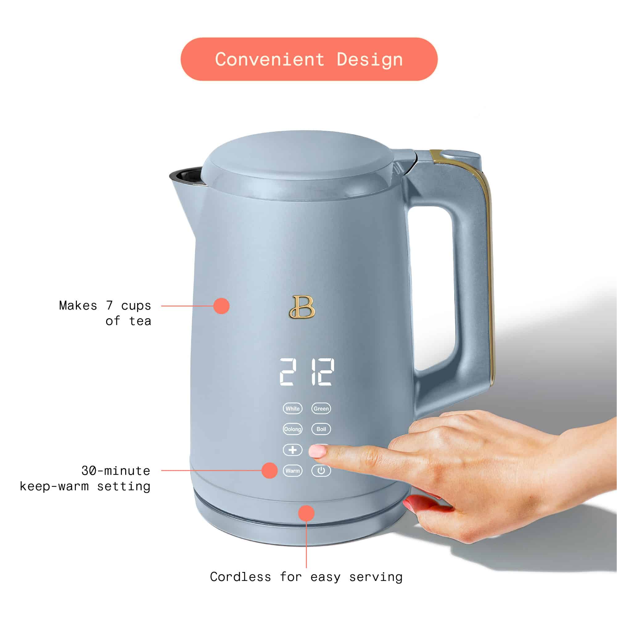 Beautiful 1.7-Liter Electric Kettle 1500 W with One-Touch Activation, Cornflower Blue by Drew Barrymore Beautiful 1.7-Liter Electric Kettle 1500 W with One-Touch Activation, Cornflower Blue by Drew Barrymore - Image 4