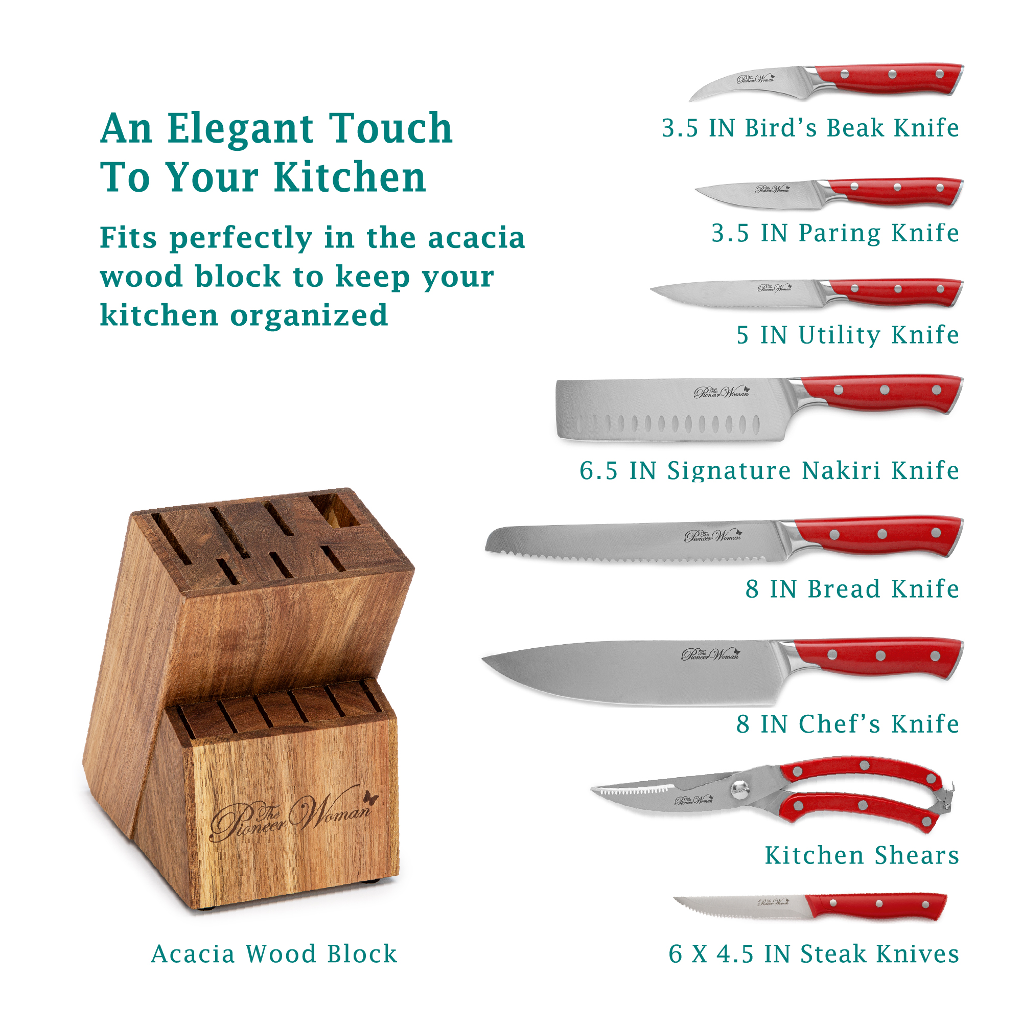 The Pioneer Woman Pioneer Signature 14-Piece Stainless Steel Knife Block Set, Red The Pioneer Woman Pioneer Signature 14-Piece Stainless Steel Knife Block Set, Red - Image 3