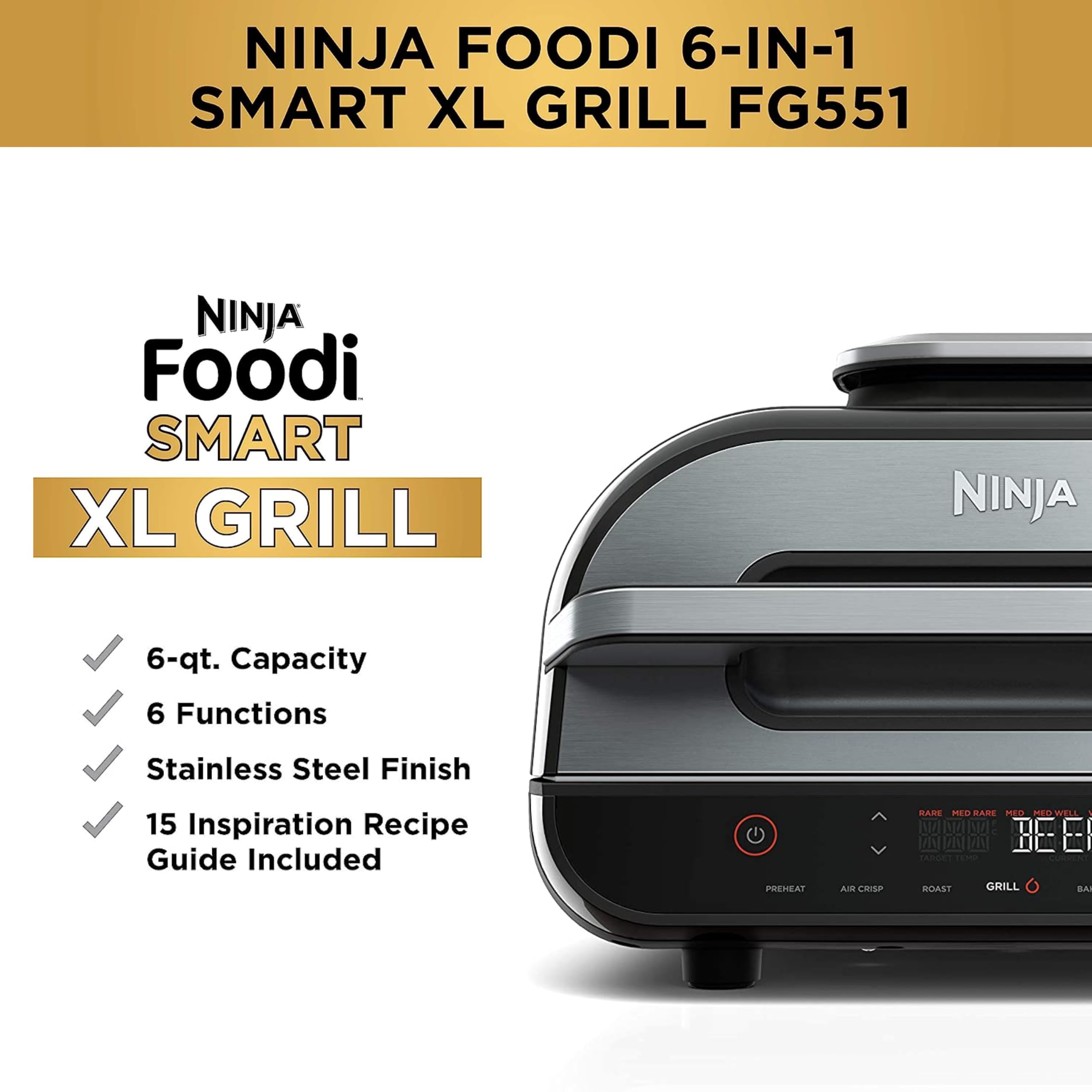 Ninja FG551 Foodi Smart XL 6-in-1 Indoor Grill with Air Fry, Roast, Bake, Broil & Dehydrate, Smart Thermometer, Black/Silver Ninja FG551 Foodi Smart XL 6-in-1 Indoor Grill with Air Fry, Roast, Bake, Broil & Dehydrate, Smart Thermometer, Black/Silver - Image 16