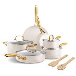 GreenPan Swift 12 Piece Cookware Pot and Pans Set, PFAS & PFOA-Free Healthy Ceramic Nonstick, Gold Stainless Steel Handle, Cream