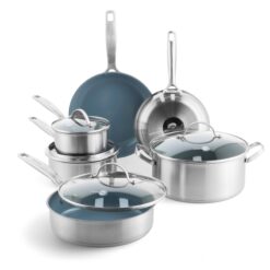 GreenPan Treviso 10 Piece Cookware Set, Non-Toxic PFAS-Free Stainless Steel Ceramic Nonstick Coating, Induction Suitable
