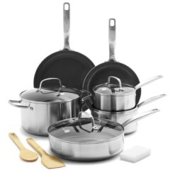 GreenPan Chatham Tri-Ply Stainless Steel Healthy Ceramic Nonstick 12 Piece Cookware Pots and Pans Set, Silver